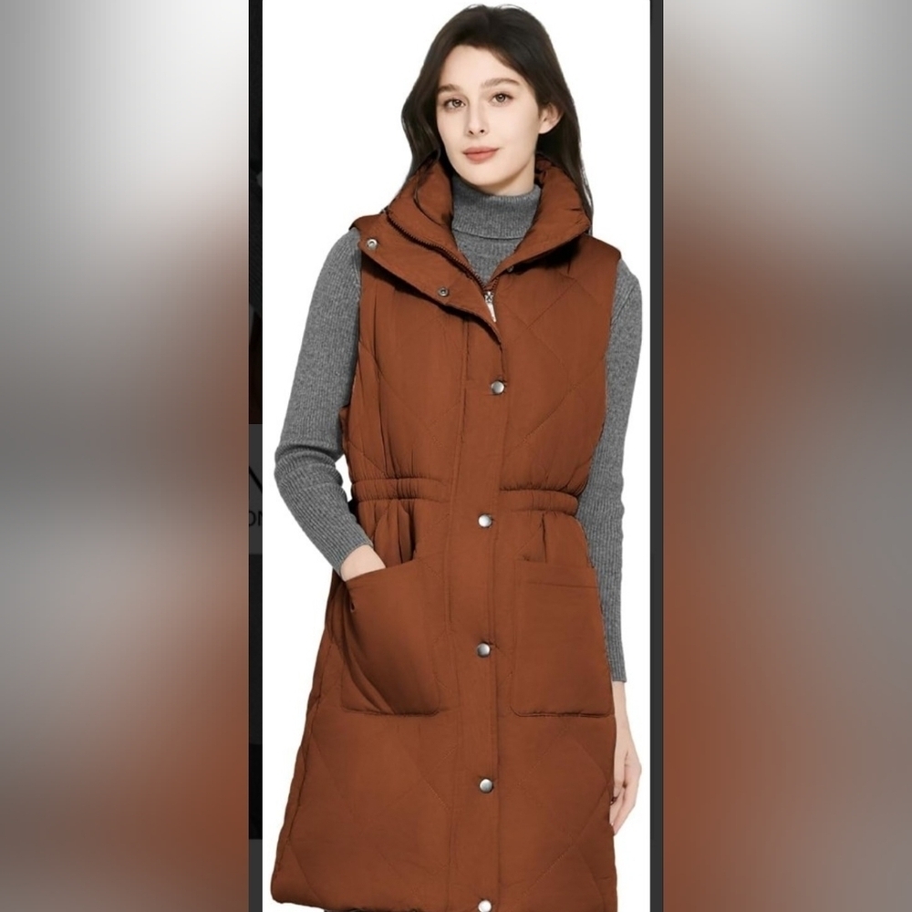 Women's Long Brown Quilted Vest Outwear, Size Small